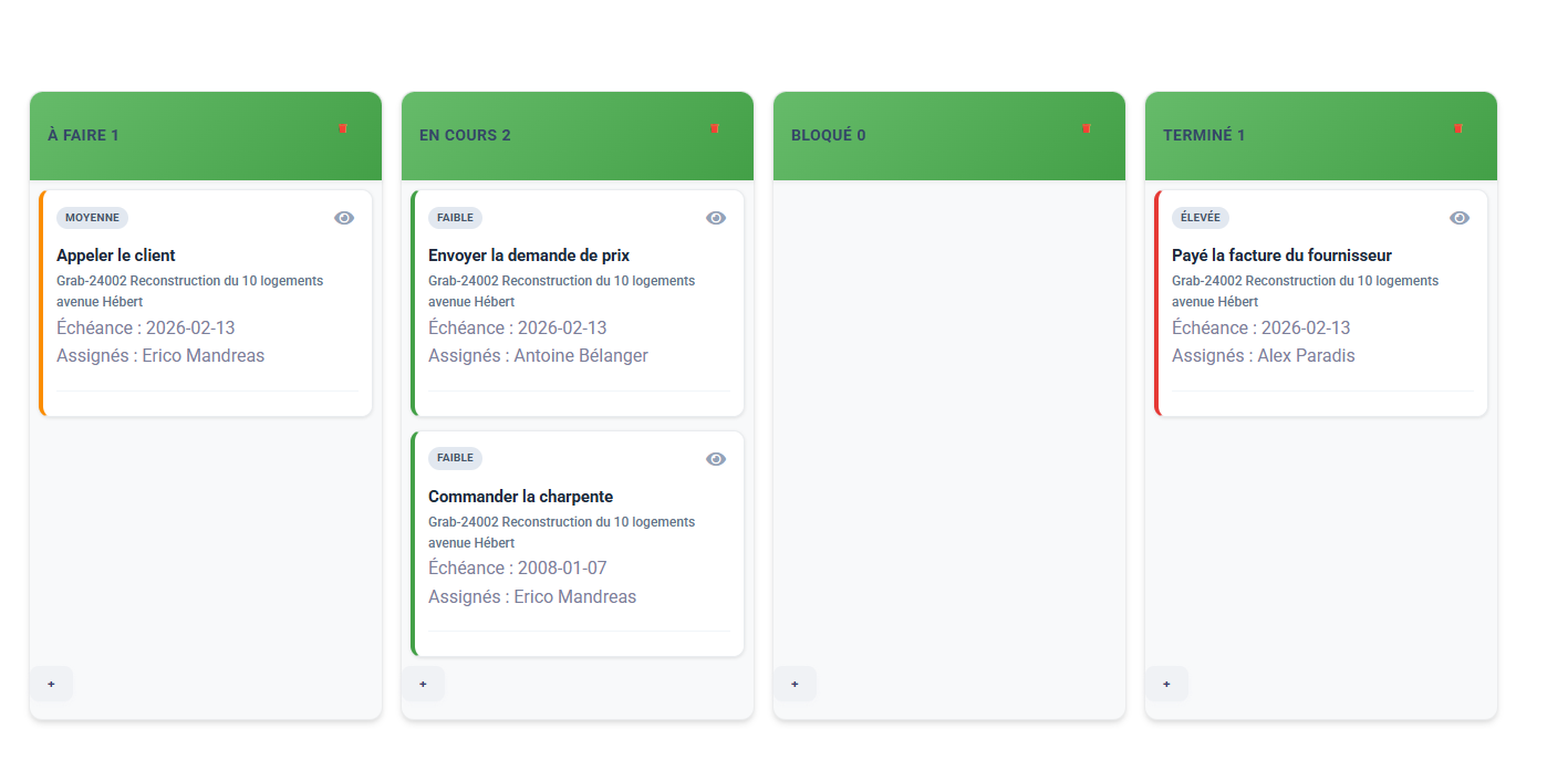 Vue Kanban de gestion des actions dans MADGest — suivi des tâches par statut