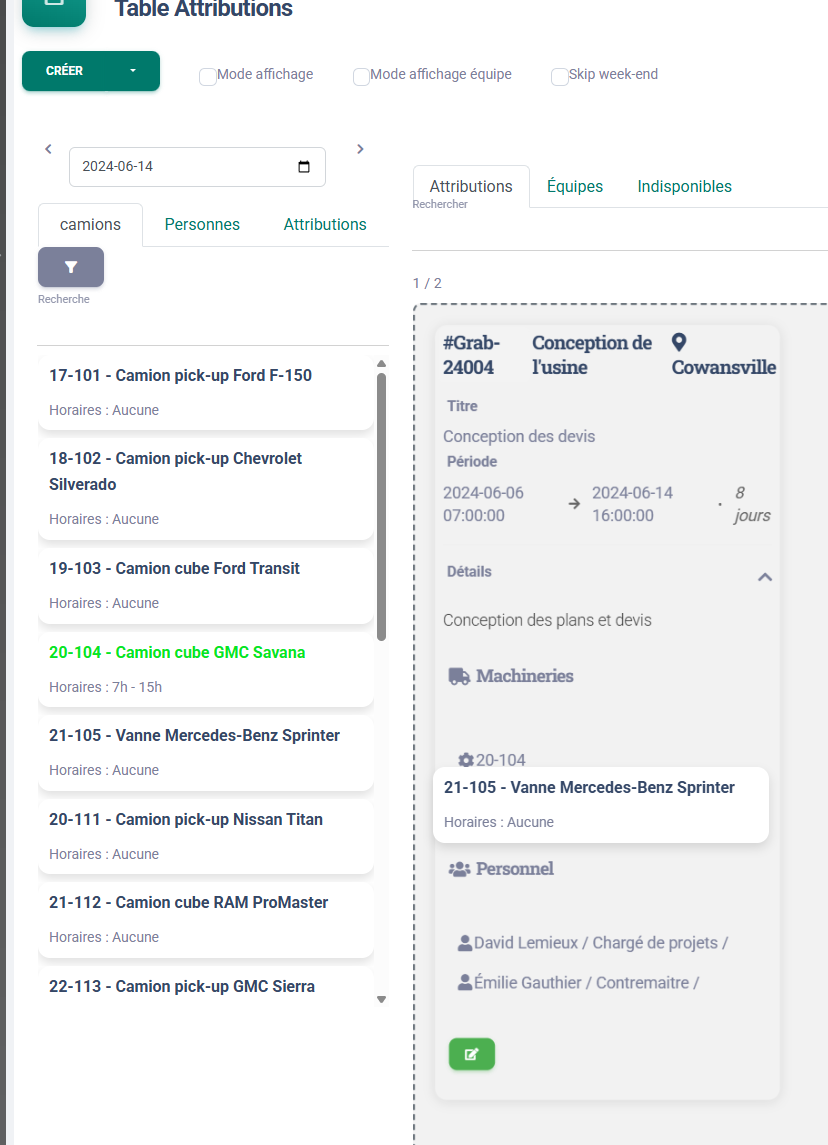 Capture d'écran du dispatch des équipes dans MADGest