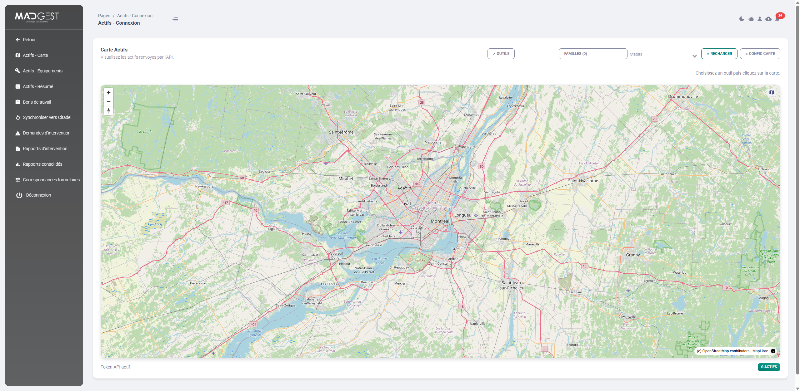 Capture d'écran : Carte des actifs — gestion localisée dans MADGest