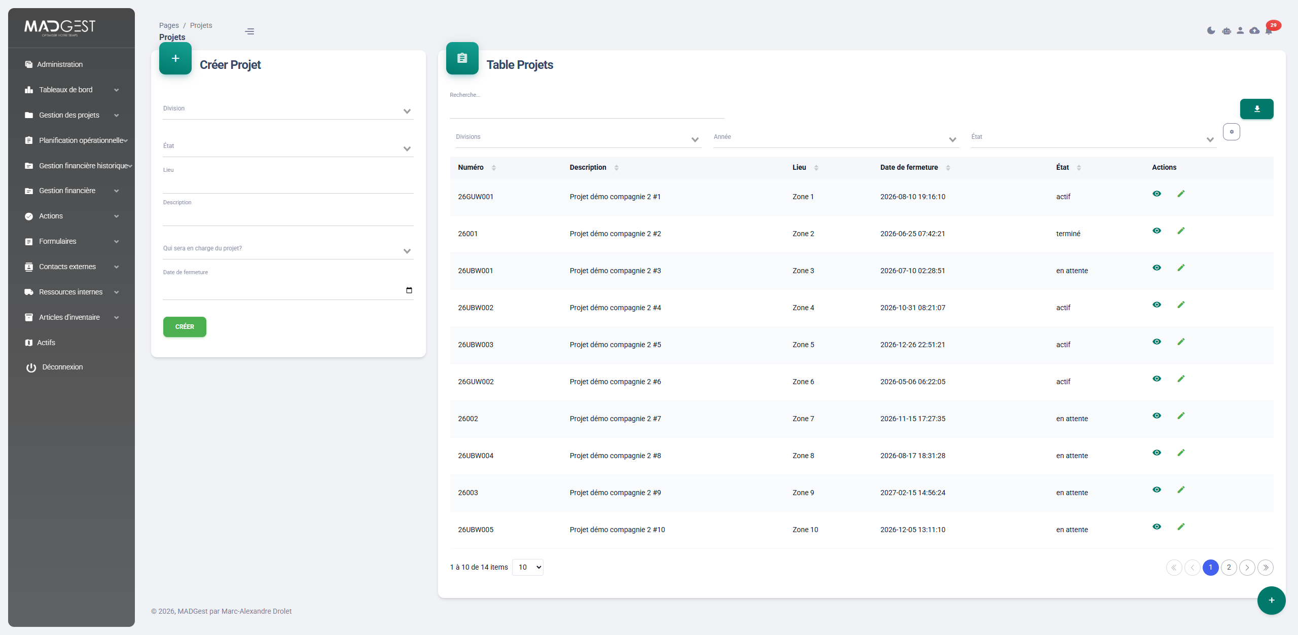 Capture d'écran : Table de projets et suivi budgétaire dans MADGest