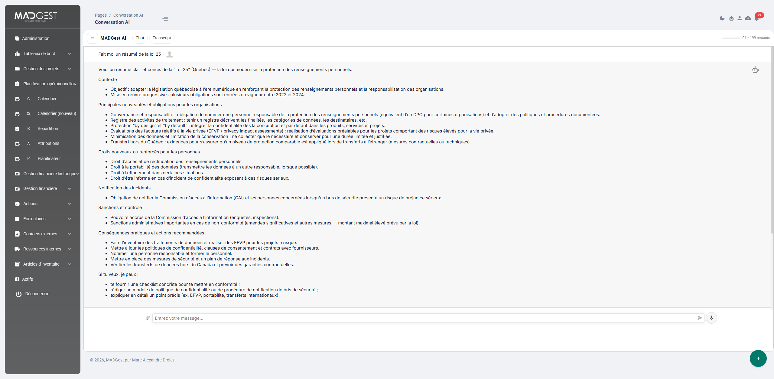 Capture d'écran : traitement de PDF par l'IA dans MADGest