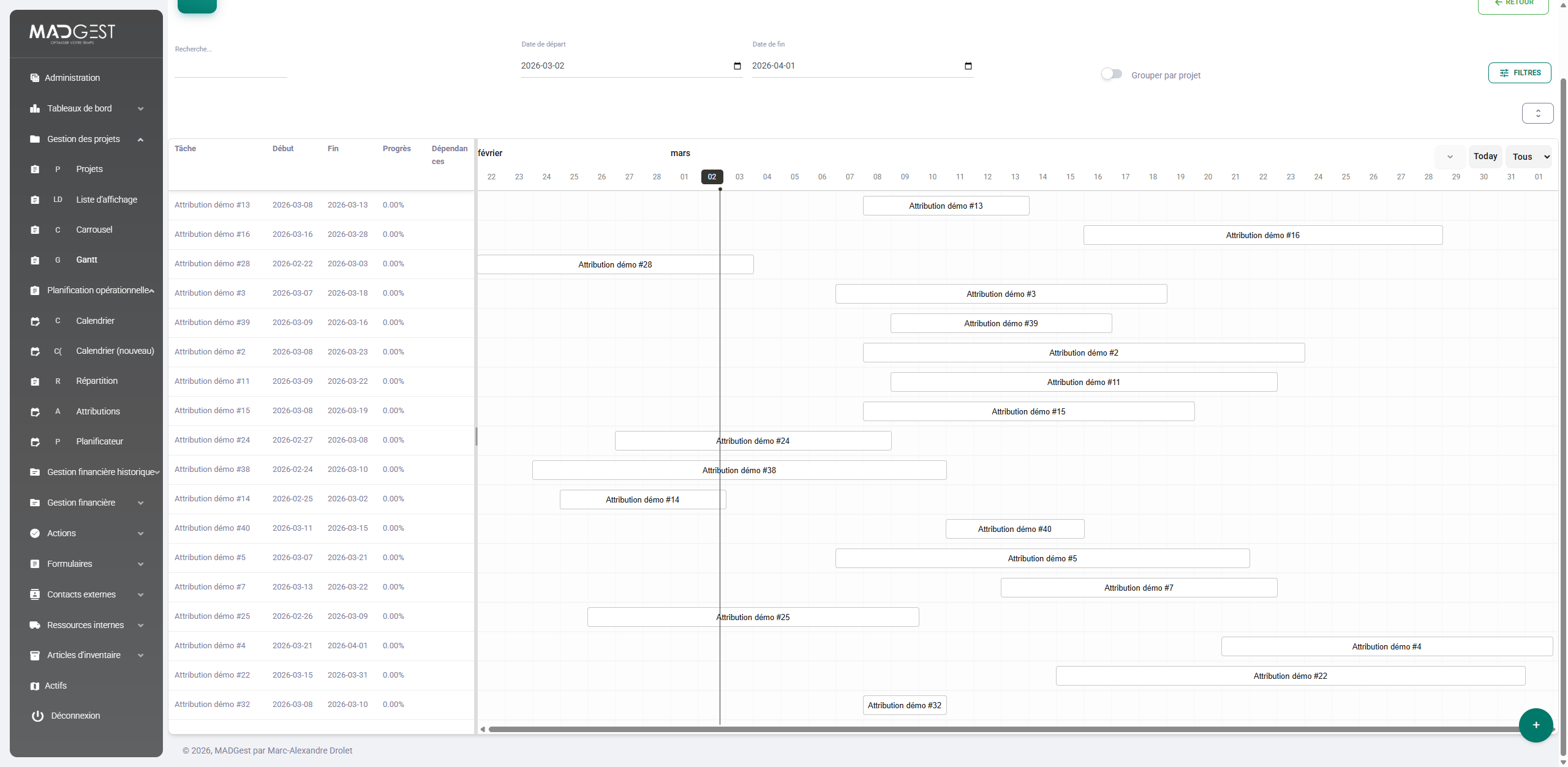 Capture d'écran : Vue Gantt — planification de projets dans MADGest